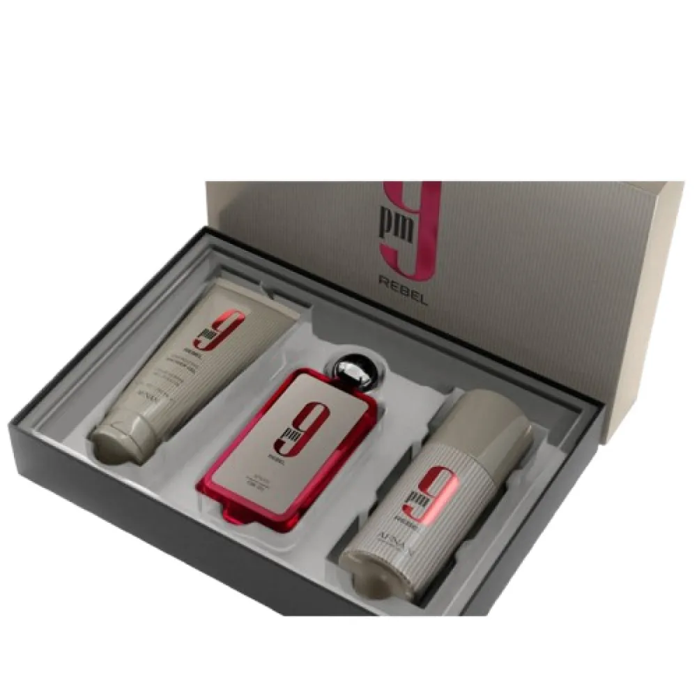 9 pm Rebel Eau de Parfum 100 ml + spray corporel 150 ml + gel douche unisexe