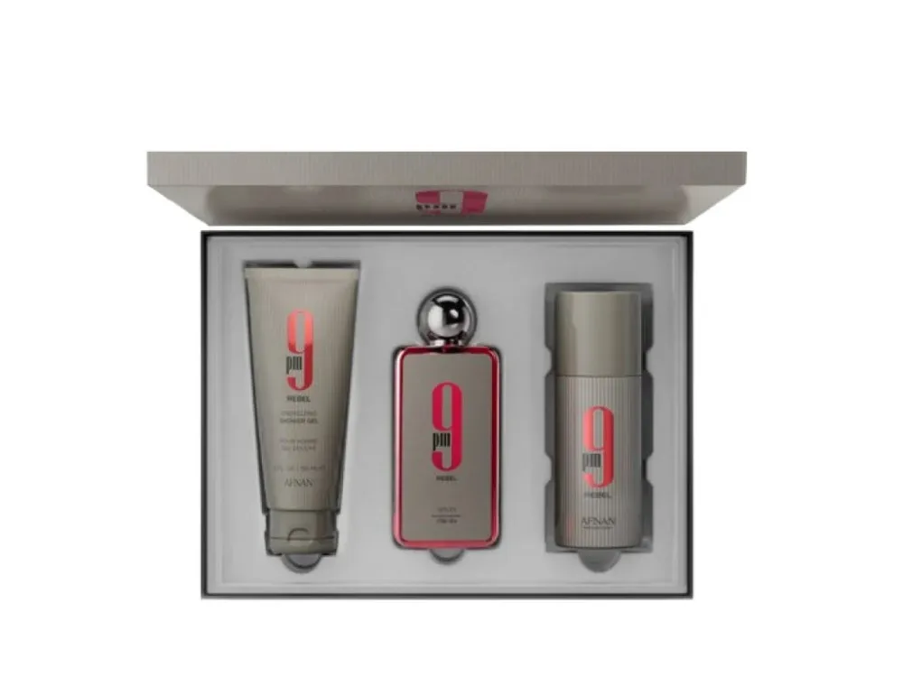 9 pm Rebel Eau de Parfum 100 ml + spray corporel 150 ml + gel douche unisexe