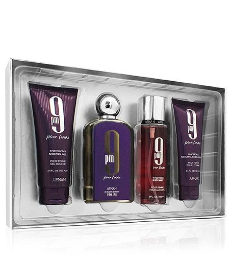 9pm Pour Femme coffret cadeau 100 ml + gel douche 100 ml + lait corporel 100 ml + spray corps eau de parfum pour femme