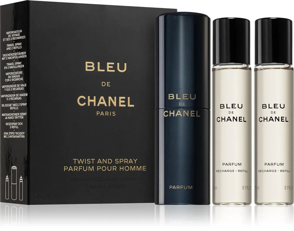 Bleu de Chanel vaporisateur de poche rechargeable 20 ml + 2 recharges de parfum pour homme