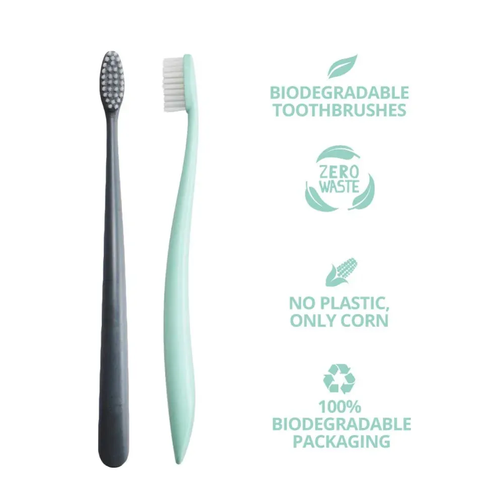 Jack n Jill NFco. Set de brosses à dents SOFT - gris menthe (2 pièces) - fabriqué à partir d'amidon de maïs sans OGM