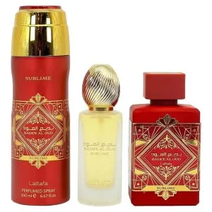 Lattafa Coffret cadeau Badee Al Oud Sublime - Eau de parfum 100 ml + Vaporisateur parfumé 200 ml + Brume capillaire