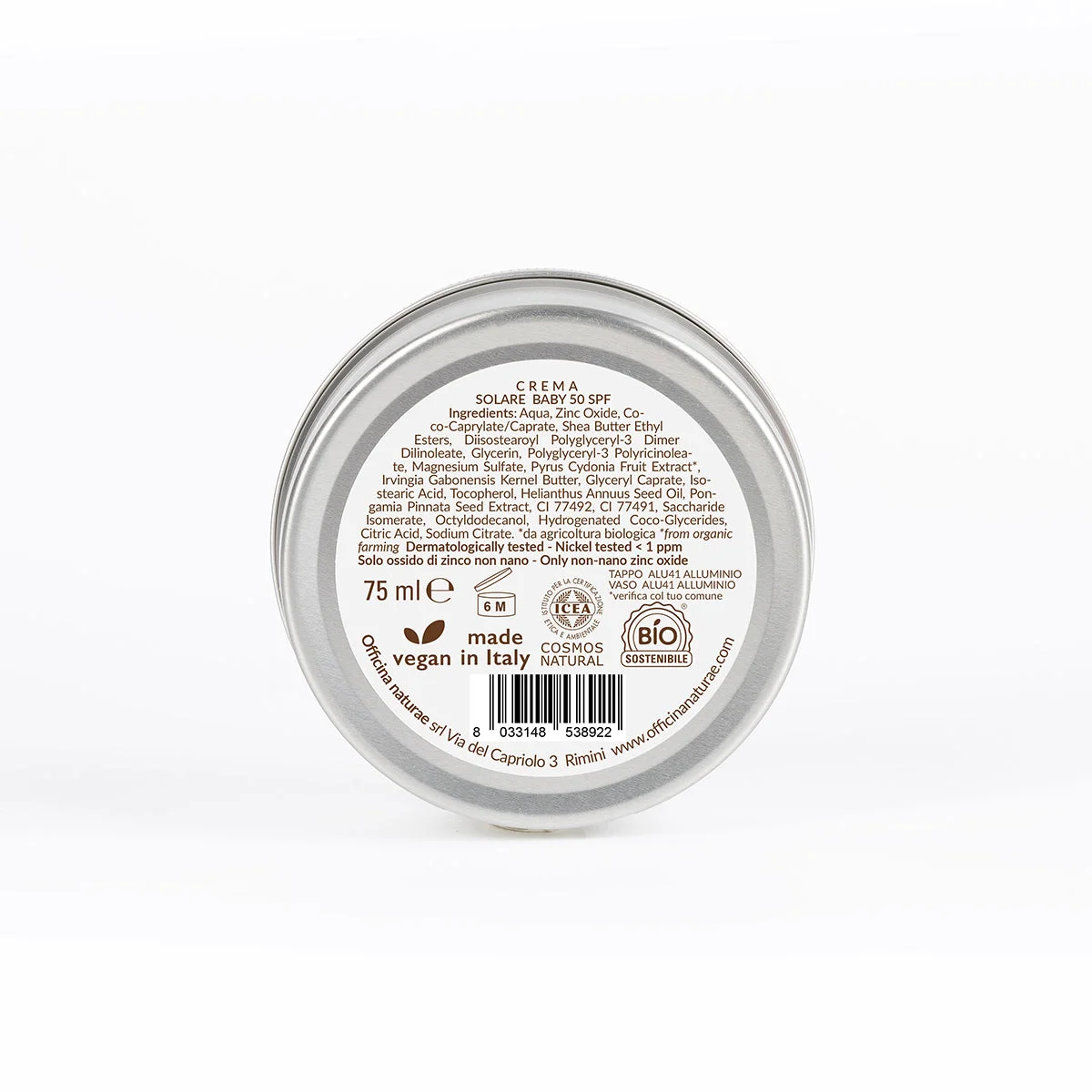 Officina Naturae Crème solaire SPF 50 pour enfants et peaux sensibles en boîte métallique (75 ml) - sans parfum