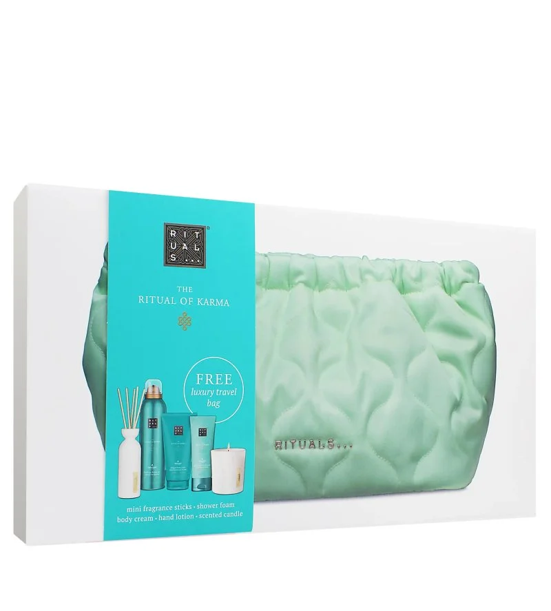 The Ritual of Karma coffret cadeau gel douche 200 ml + crème pour le corps 150 ml + bougie parfumée 140 g + diffuseur à bâtonnets 70 ml + crème pour les mains