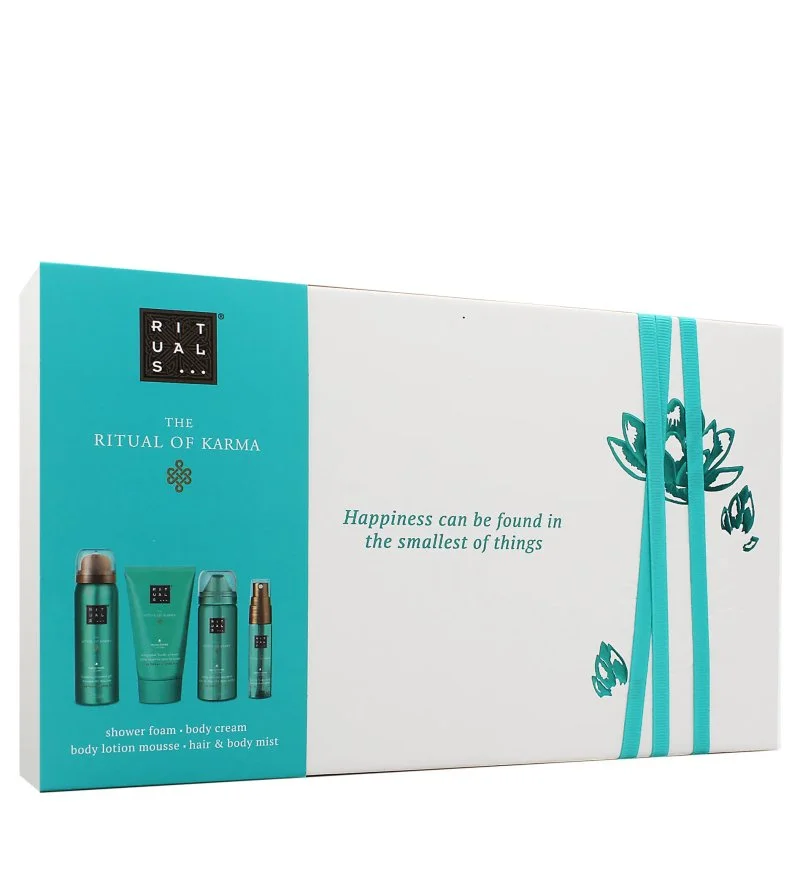 The Ritual of Karma coffret cadeau gel douche 50 ml + brume corps et cheveux 20 ml + mousse pour le corps 50 ml + crème pour le corps