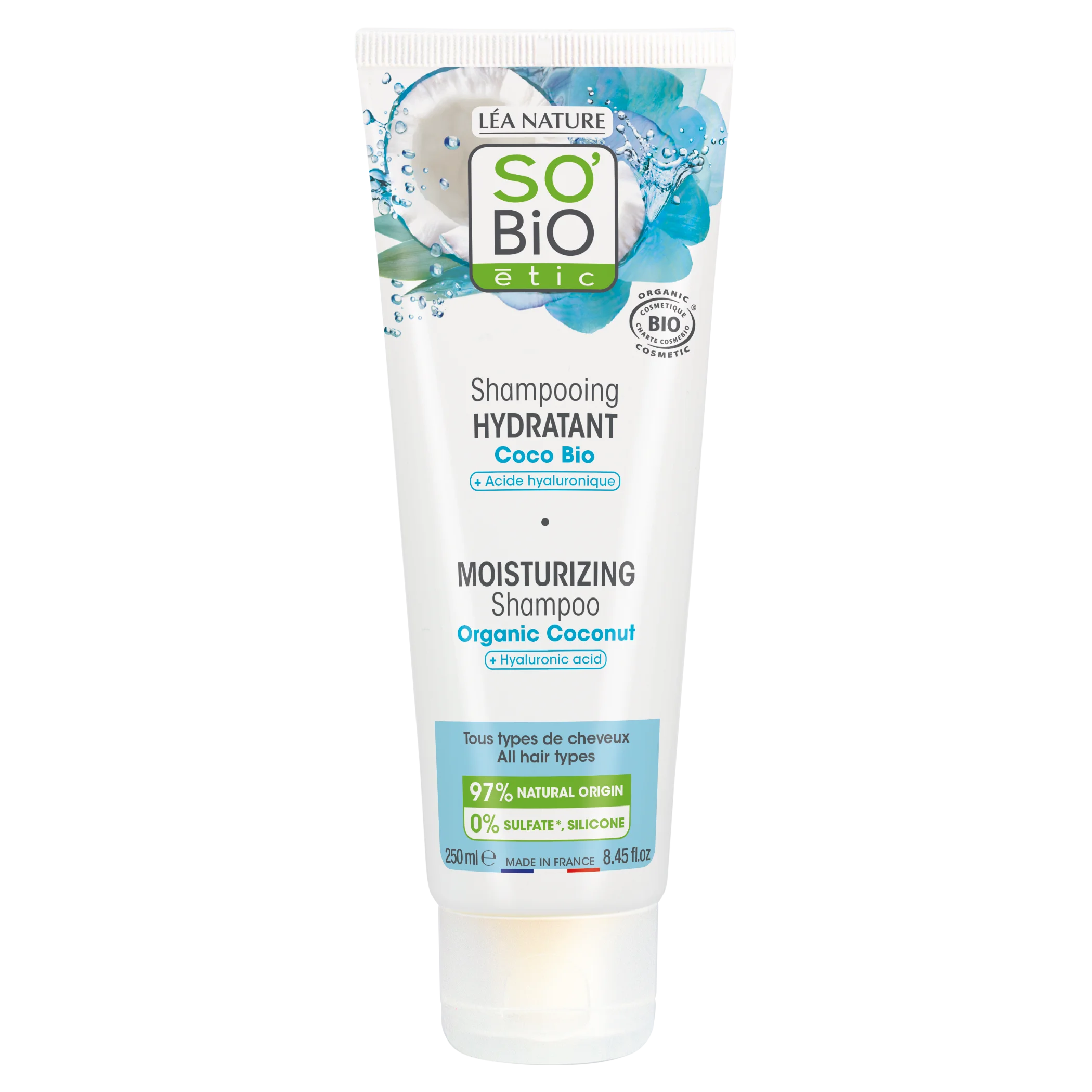 SO’BiO étic Shampoing hydratant à la noix de coco et à l'acide hyaluronique BIO (250 ml) - pour tous types de cheveux