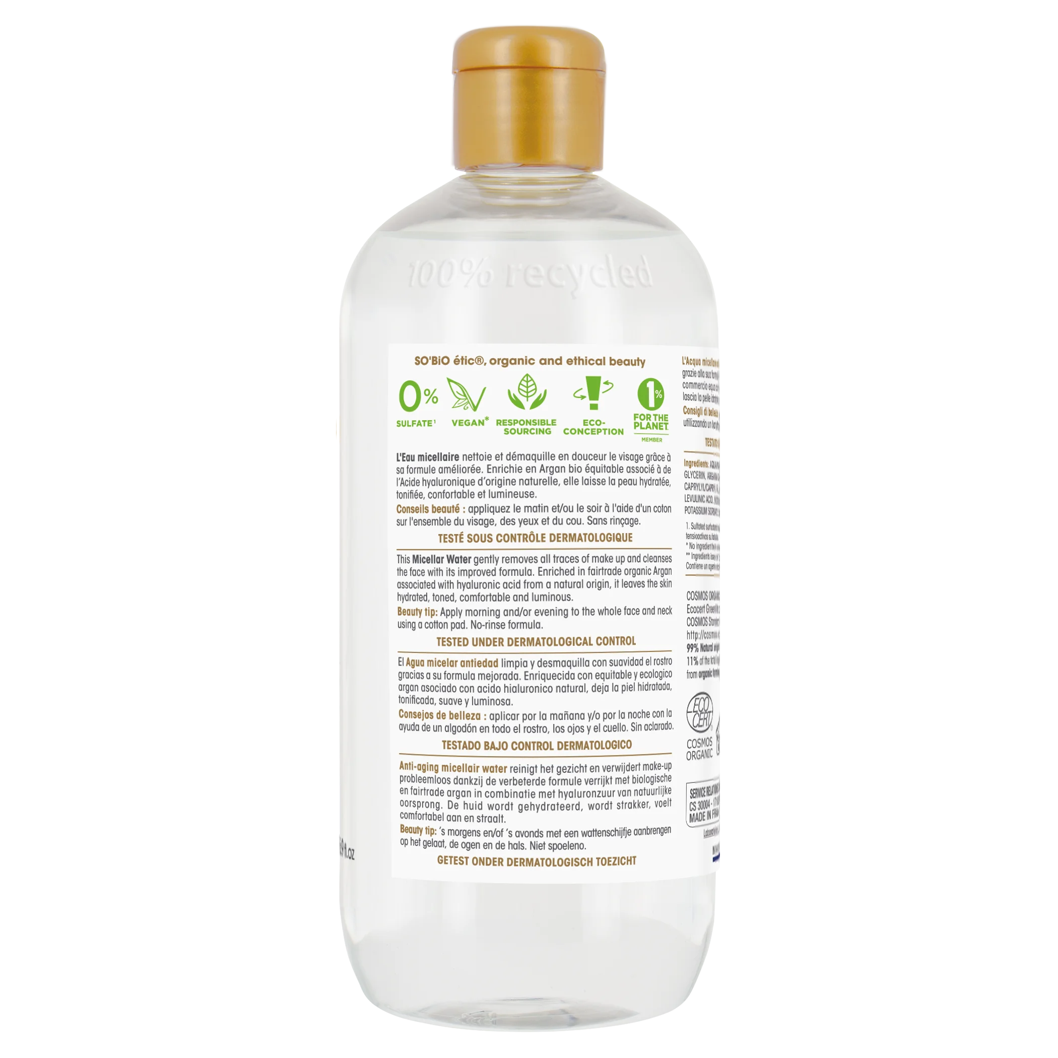 SO’BiO étic Anti-Age Precieux Argan Eau micellaire anti-âge à l’acide hyaluronique BIO (500 ml) - à l’acide hyaluronique