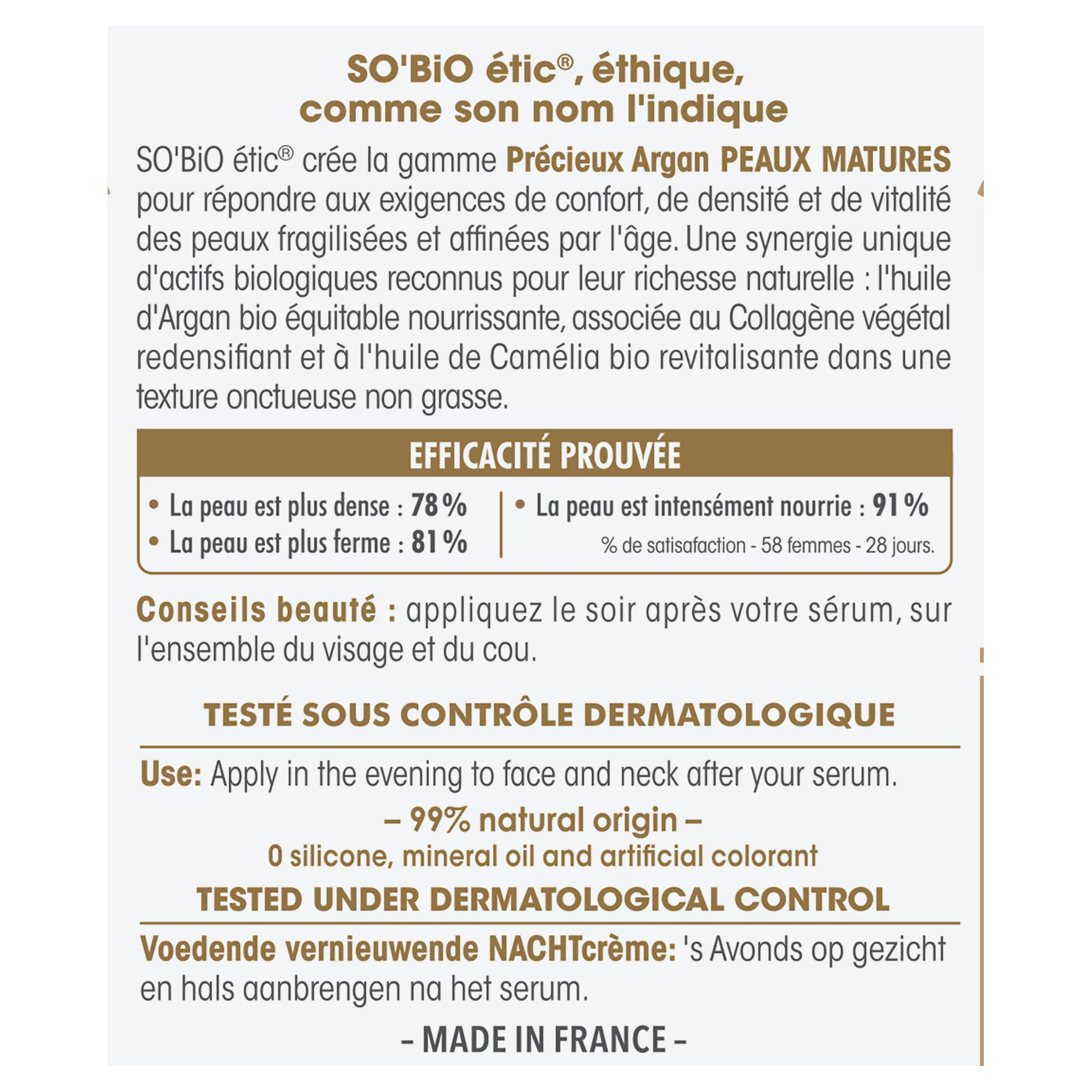 SO’BiO étic Anti-age Precieux Crème de nuit nourrissante et raffermissante GOLD BIO (50 ml) - idéale pour les peaux matures