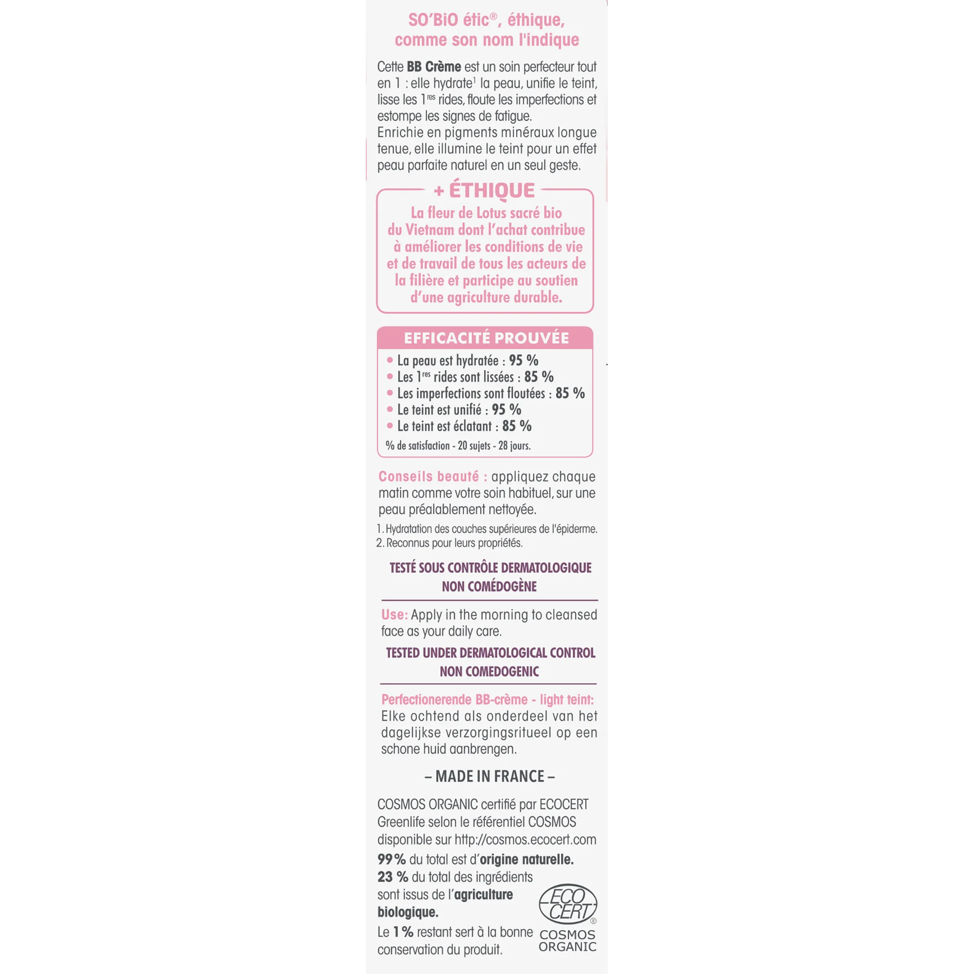 SO’BiO étic BB crème pour un teint parfait - teinte Light BIO (40 ml) - à l’extrait de fleur de lotus