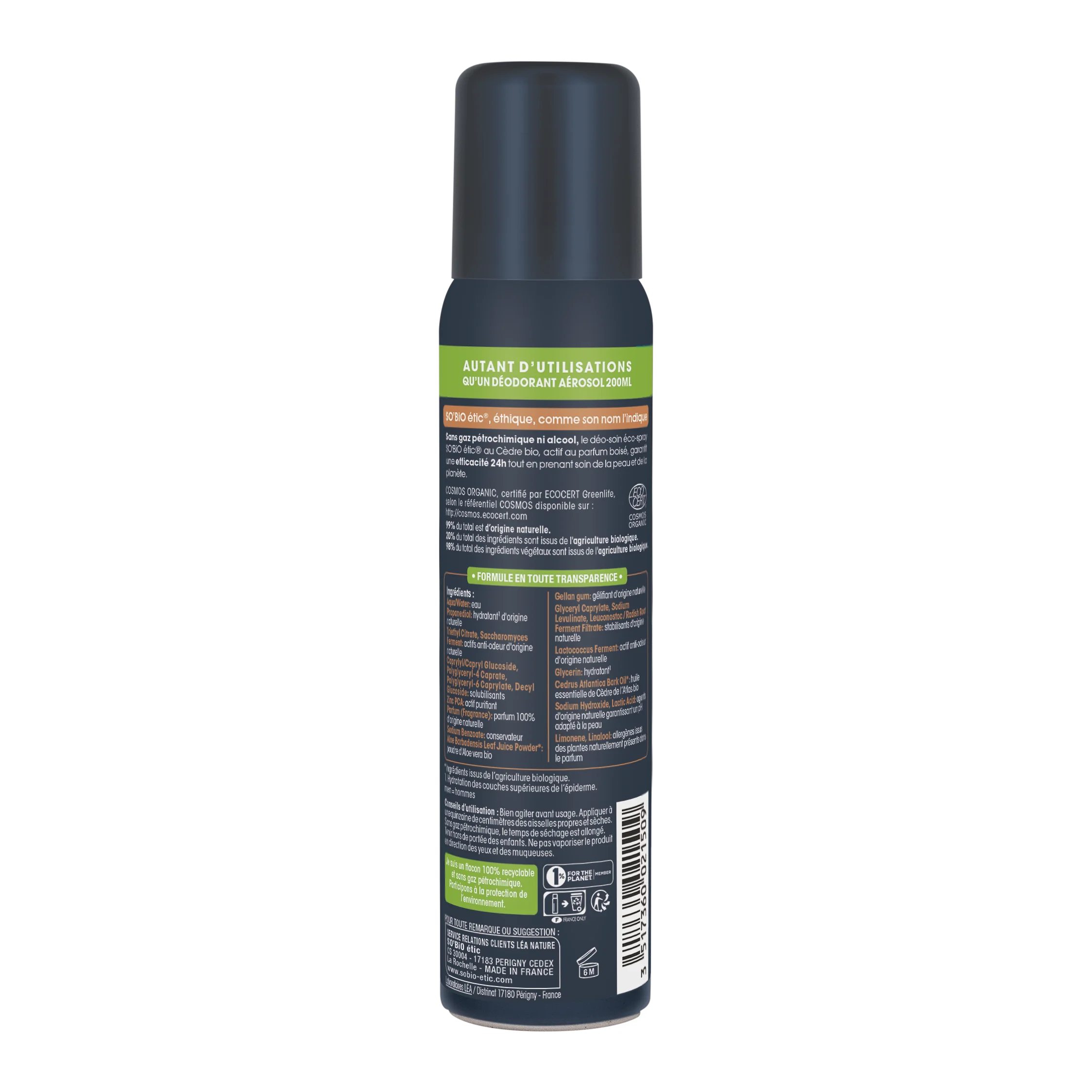 SO’BiO étic Déodorant naturel ECO SPRAY 24h MEN - cèdre BIO (100 ml) - efficace jusqu’à 24 heures