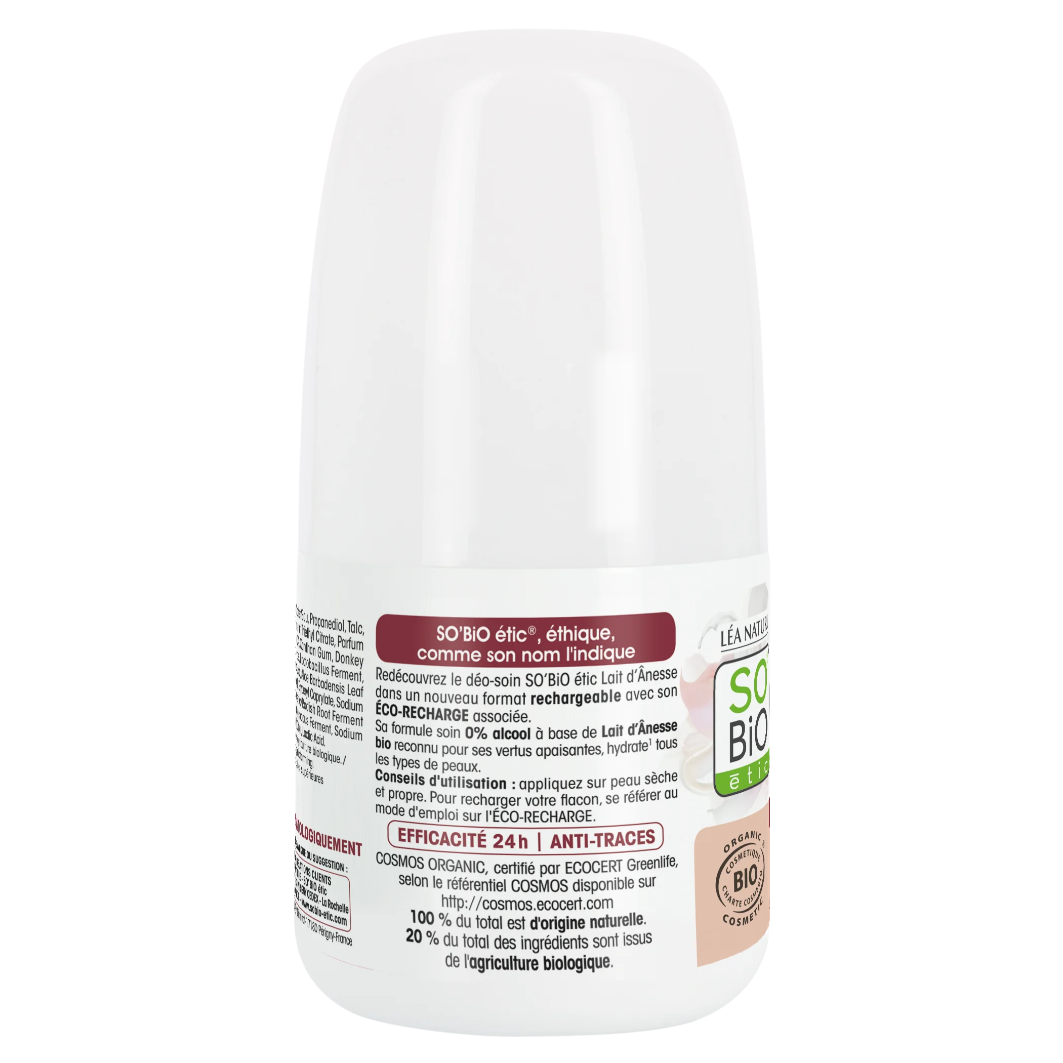 SO’BiO étic Déodorant roll-on 24h hydratant au lait d’ânesse - rechargeable BIO (50 ml) - convient aussi aux peaux sensibles