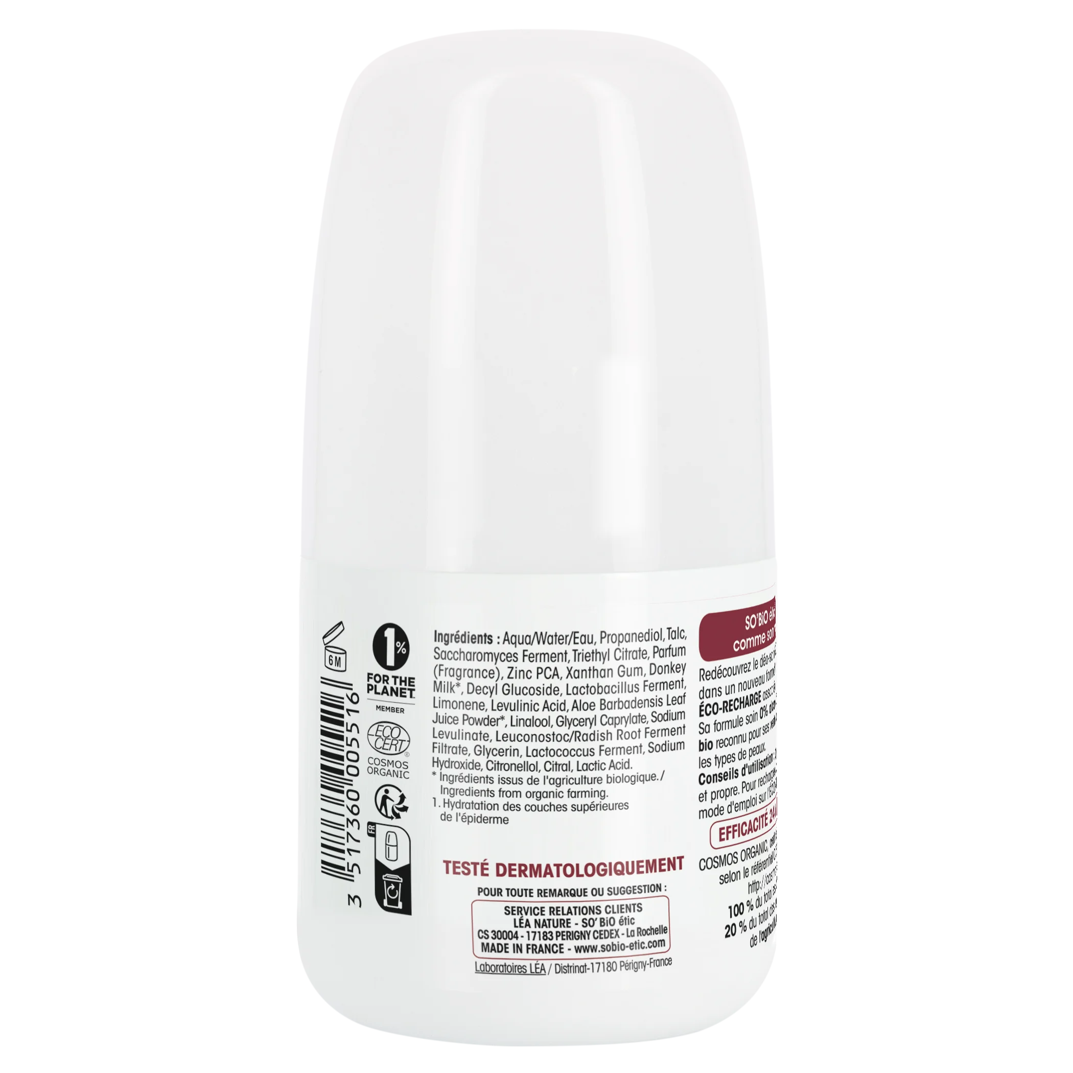 SO’BiO étic Déodorant roll-on 24h hydratant au lait d’ânesse - rechargeable BIO (50 ml) - convient aussi aux peaux sensibles