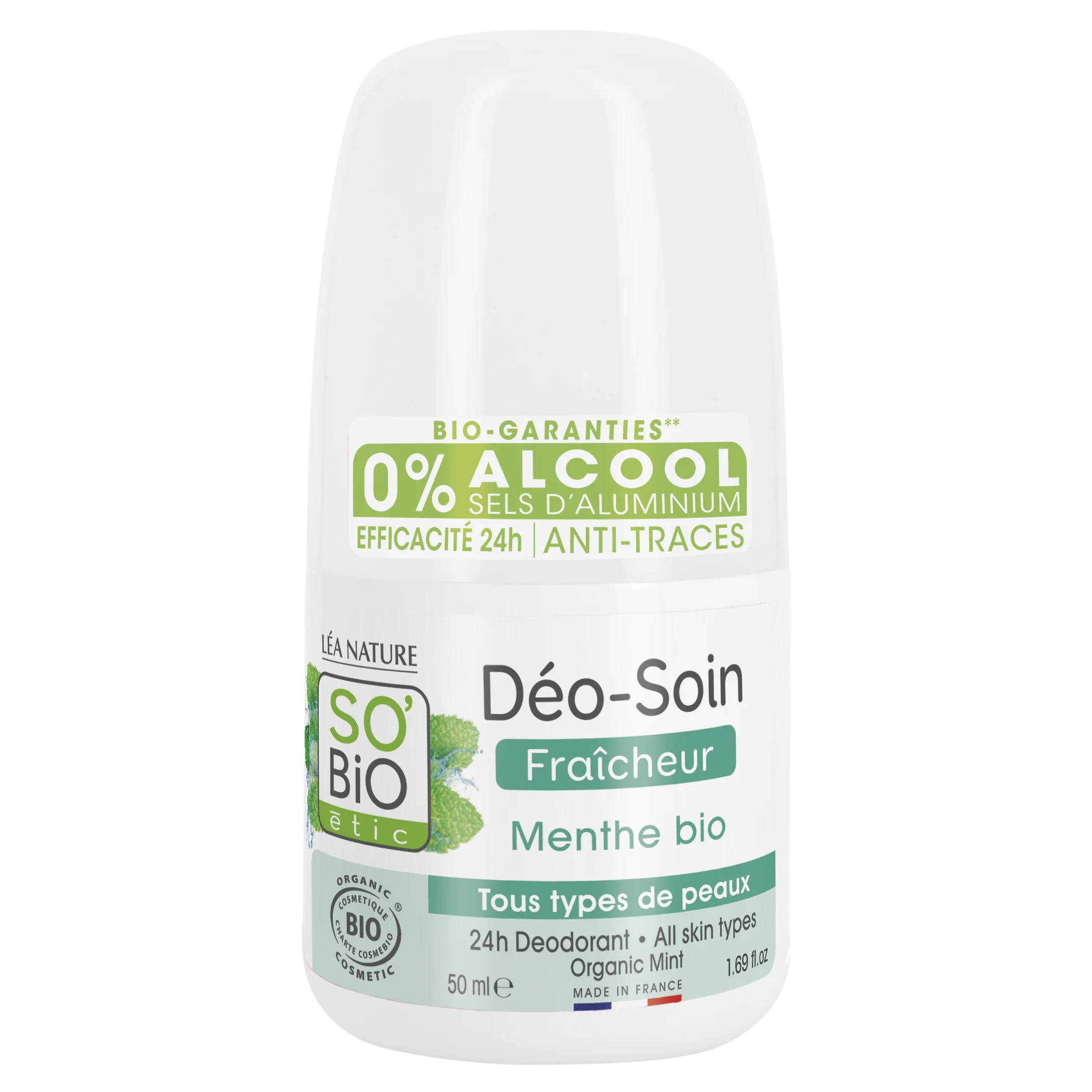 SO’BiO étic Déodorant roll-on 24 h rafraîchissant à la menthe BIO (50 ml) - efficace jusqu'à 24 heures