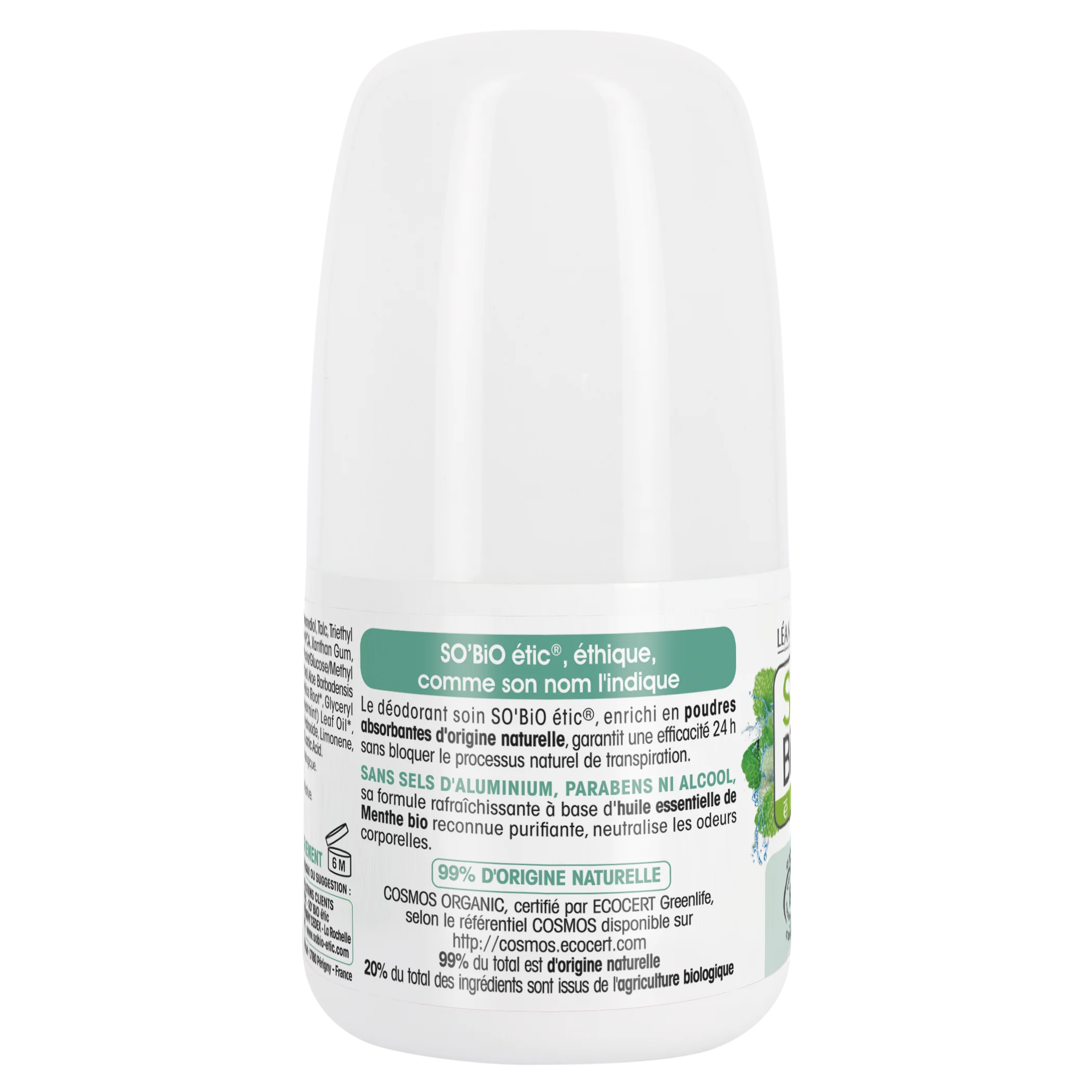 SO’BiO étic Déodorant roll-on 24 h rafraîchissant à la menthe BIO (50 ml) - efficace jusqu'à 24 heures