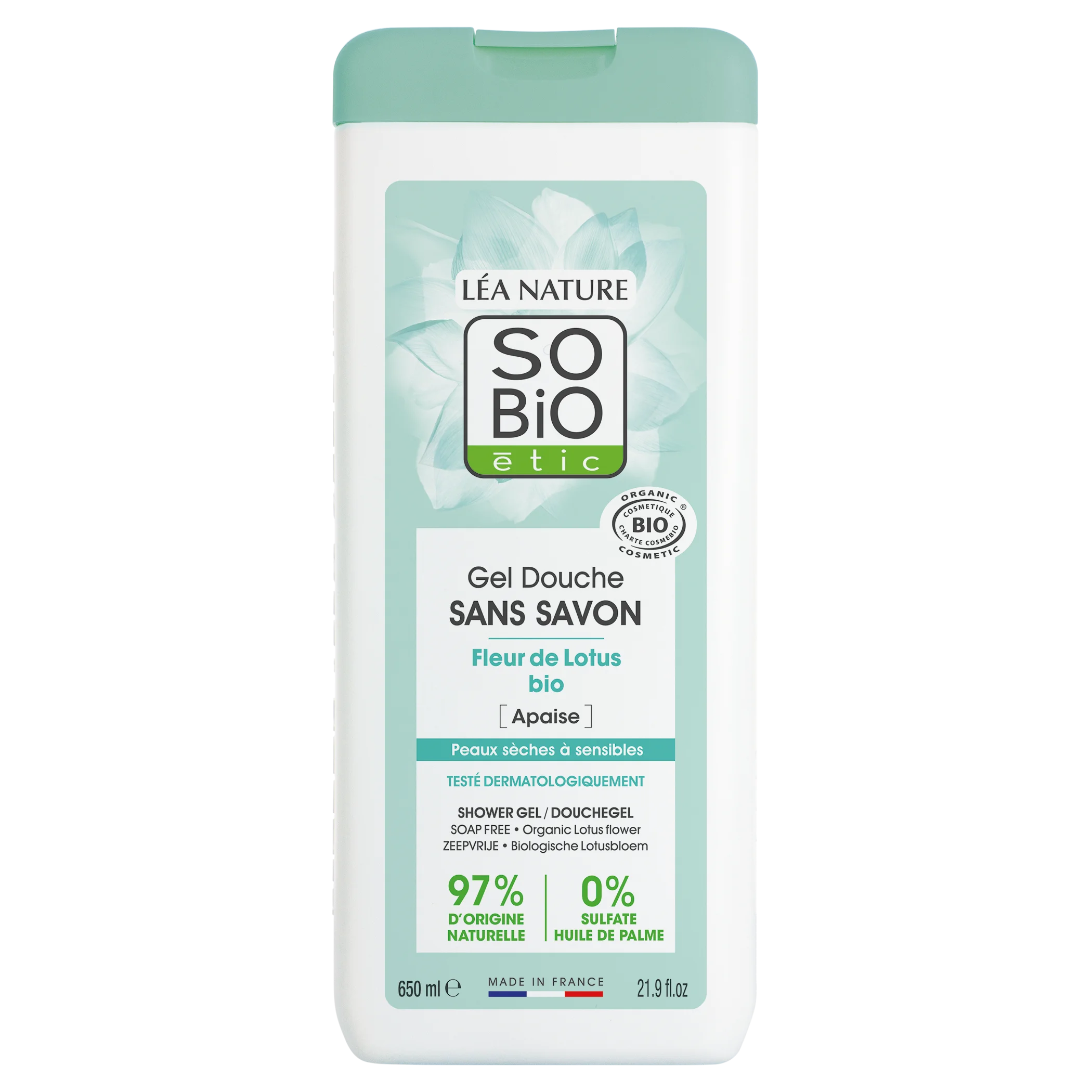 SO’BiO étic Gel douche SANS SAVON à la fleur de lotus BIO (650 ml) - idéal pour les peaux sèches et sensibles