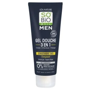 SO’BiO étic Gel douche MEN 3-en-1 - gingembre BIO énergisant (200 ml) - pour le corps, le visage et les cheveux