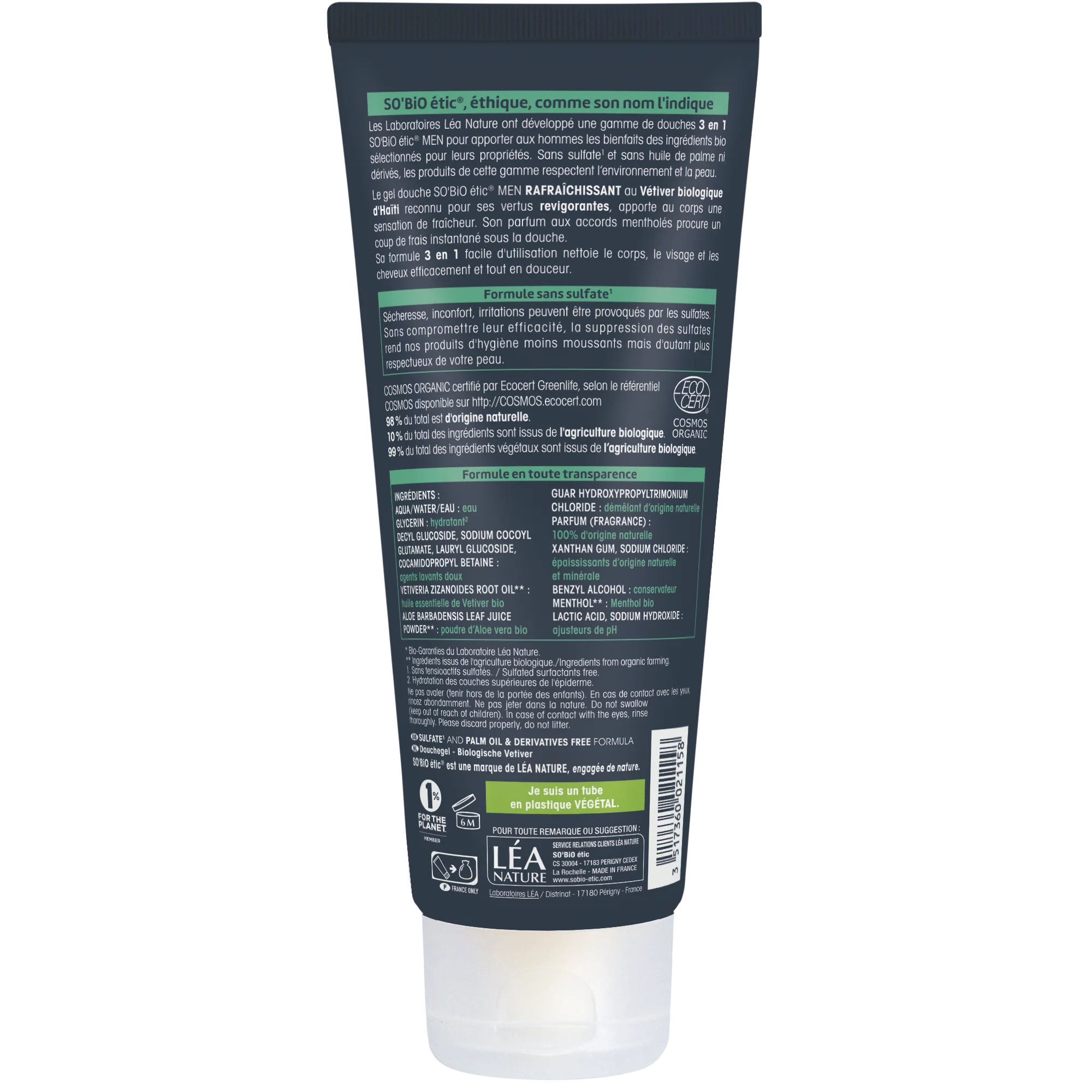 SO’BiO étic Gel douche MEN 3 en 1 - vétiver BIO rafraîchissant (200 ml) - pour le corps, le visage et les cheveux