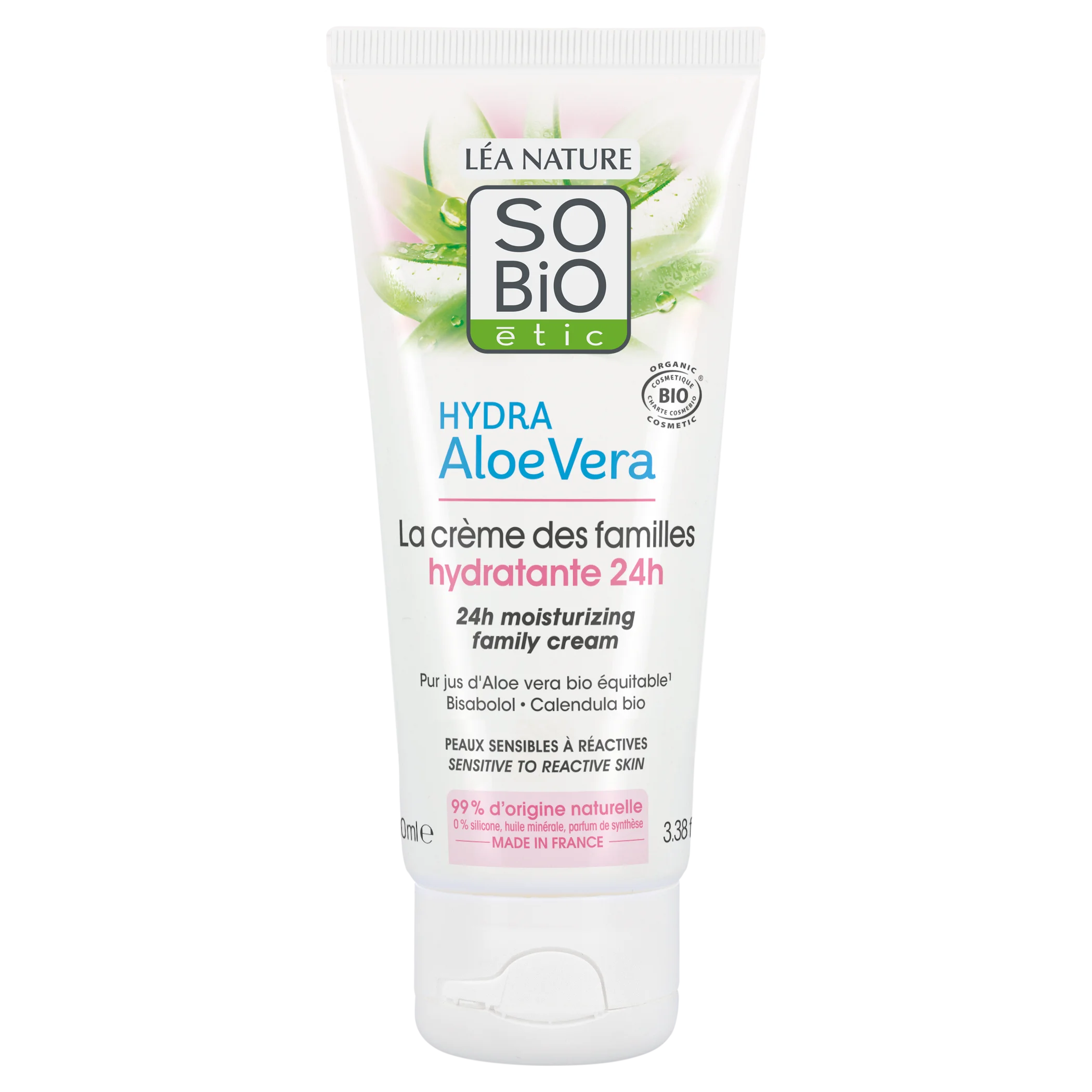 SO’BiO étic Crème hydratante hypoallergénique à l’Aloe vera pour toute la famille BIO (100 ml) - hydrate, apaise et régénère
