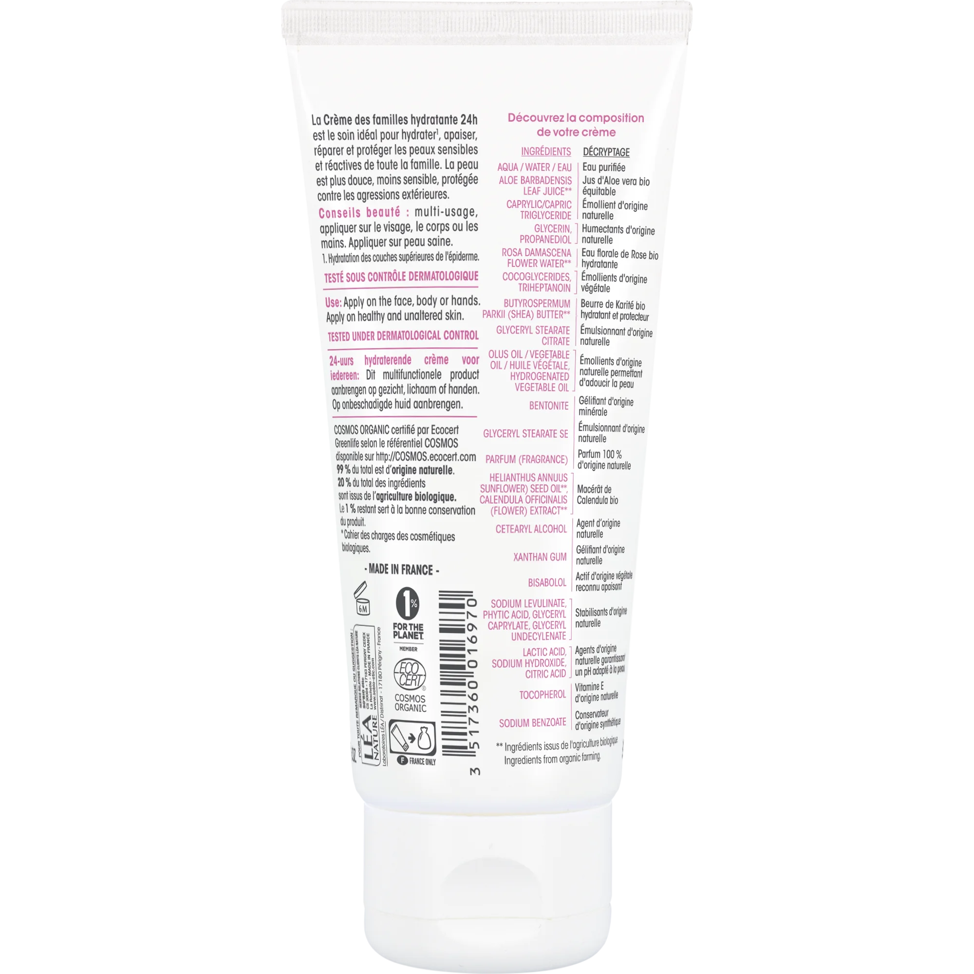 SO’BiO étic Crème hydratante hypoallergénique à l’Aloe vera pour toute la famille BIO (100 ml) - hydrate, apaise et régénère