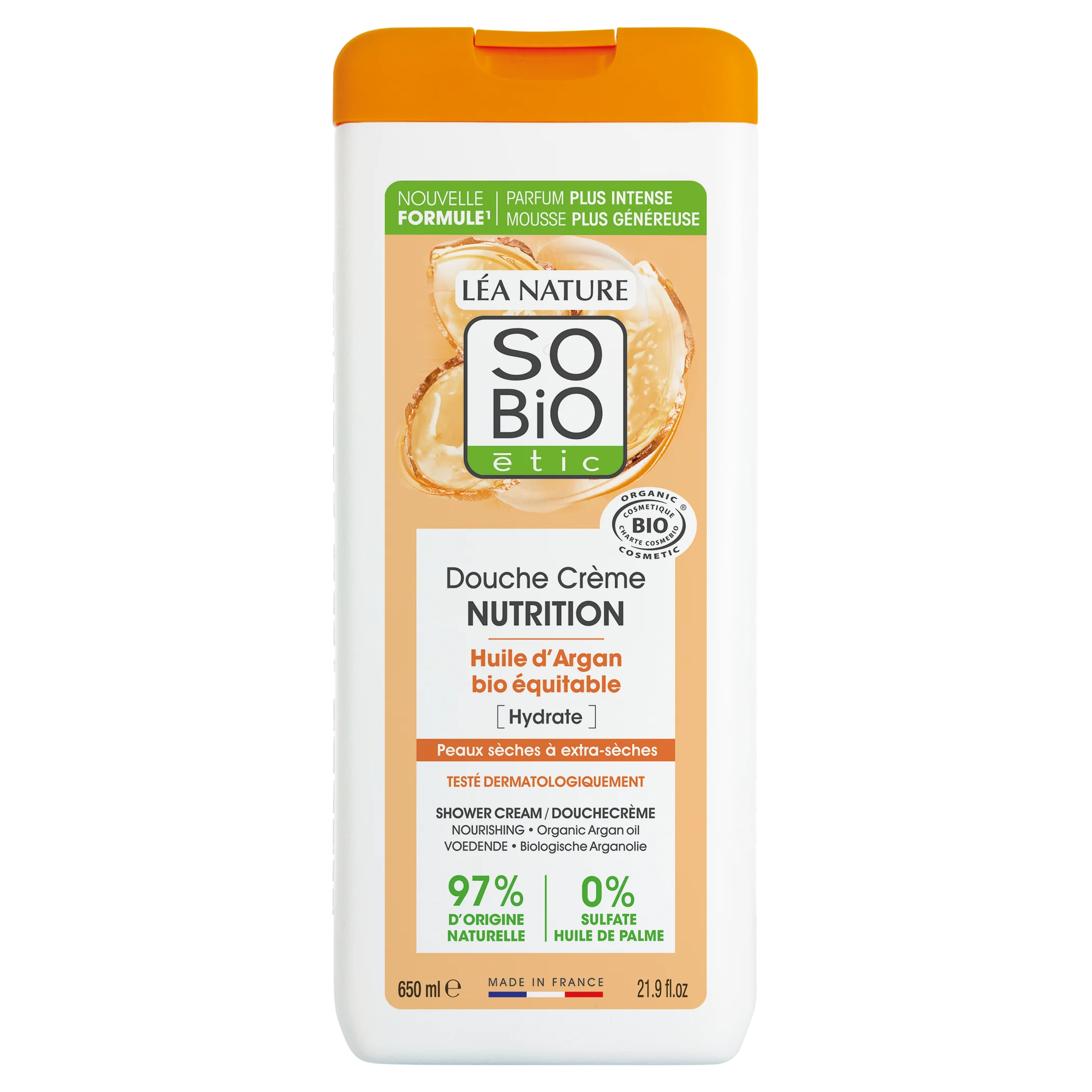 SO’BiO étic Crème de douche NUTRITION à l’huile d’argan BIO (650 ml) - idéale pour les peaux sèches