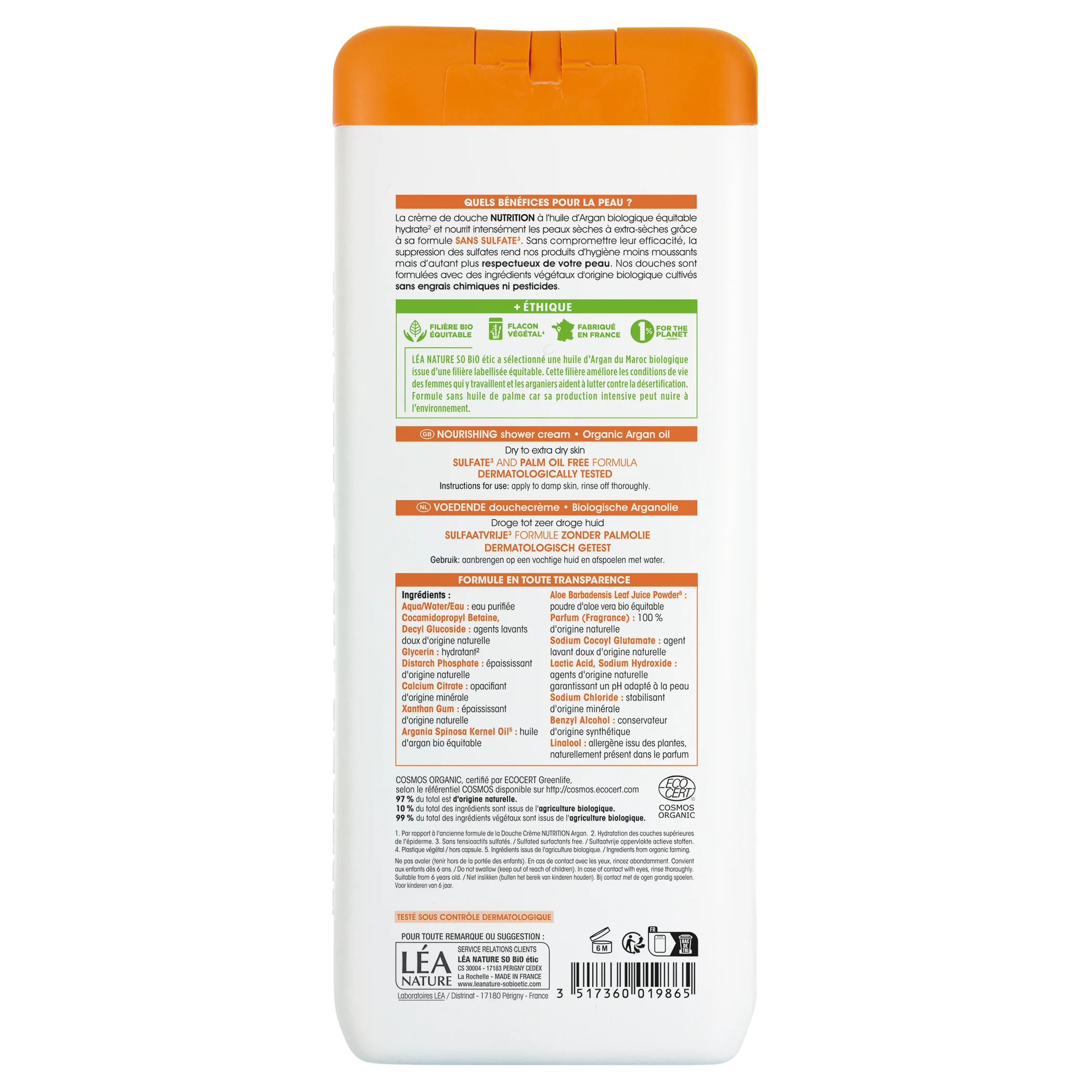 SO’BiO étic Crème de douche NUTRITION à l’huile d’argan BIO (650 ml) - idéale pour les peaux sèches