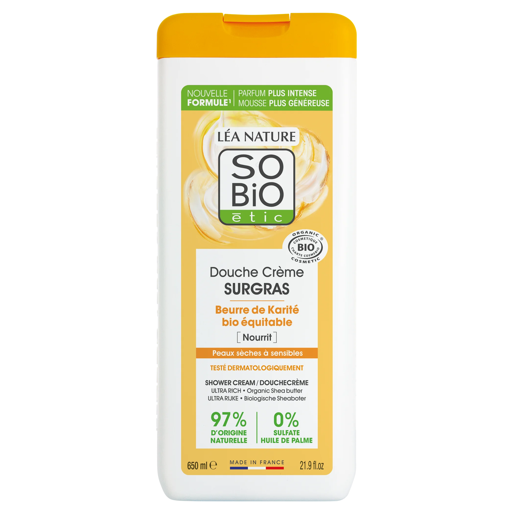 SO’BiO étic Crème de douche SURGRAS au beurre de karité BIO (650 ml) - idéale pour les peaux sèches et sensibles