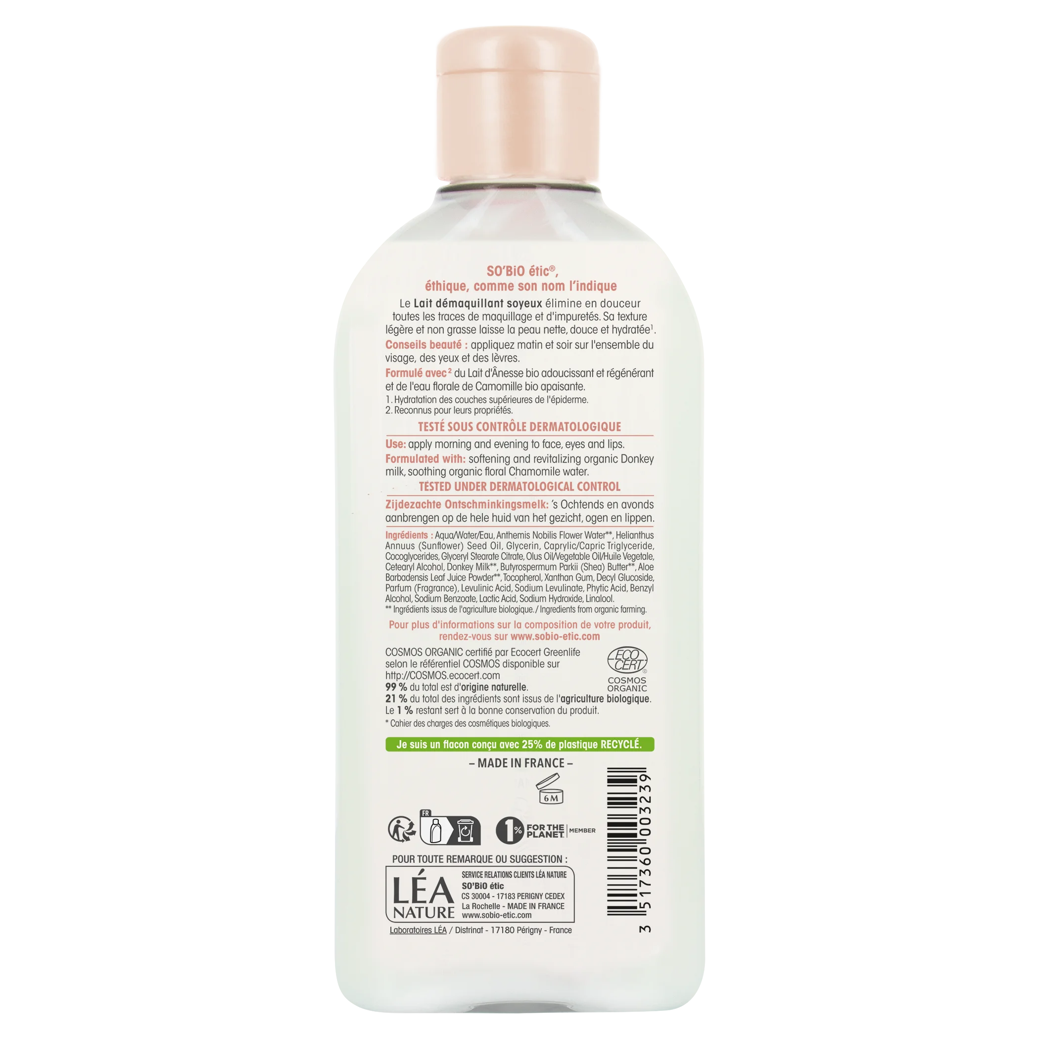 SO’BiO étic Lait démaquillant au lait d’ânesse BIO (200 ml) - élimine en douceur le maquillage et les impuretés