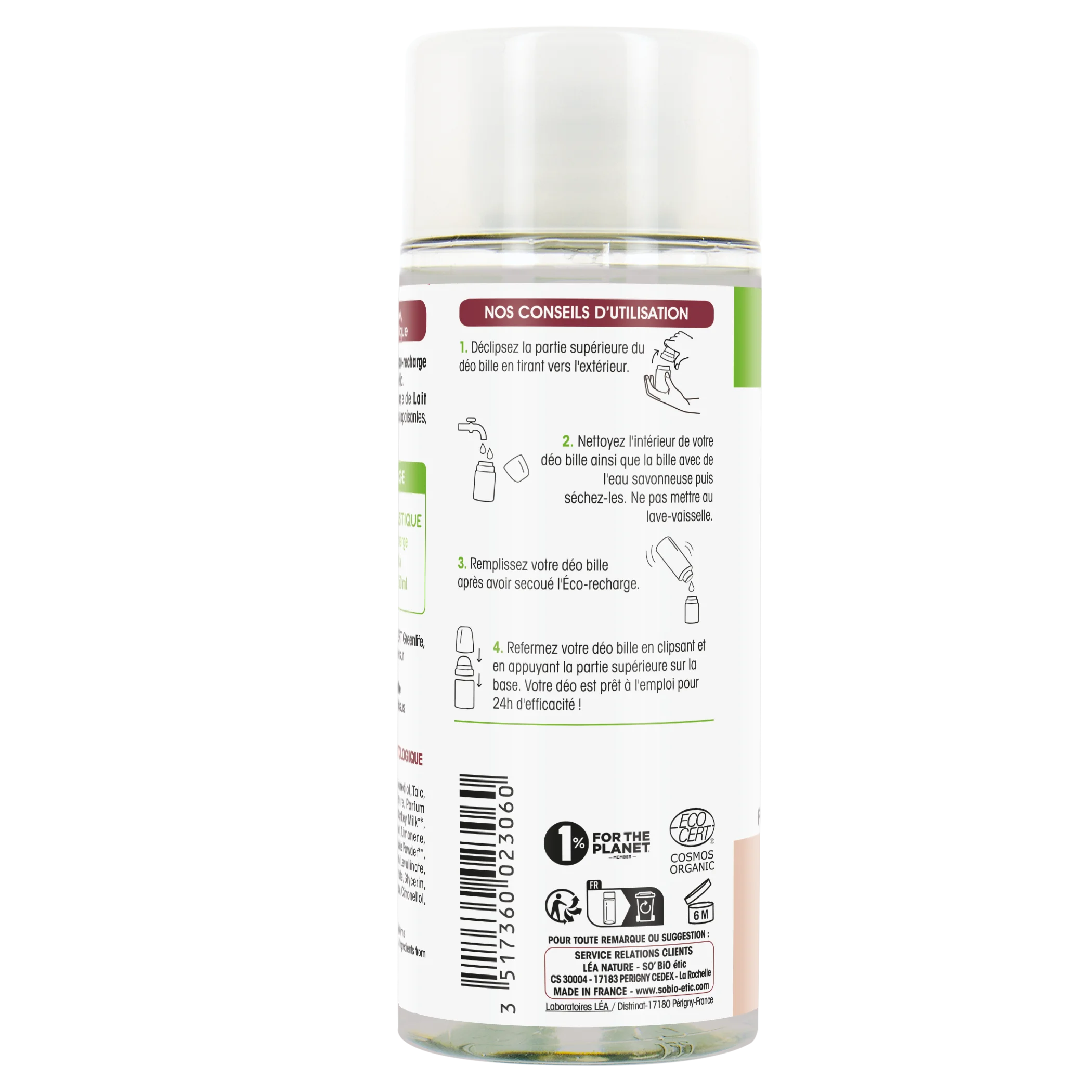 SO’BiO étic Recharge pour déodorant roll-on hydratant 24 h au lait d’ânesse BIO (150 ml) - une recharge remplace trois roll-ons