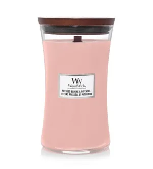 Bougie parfumée WoodWick Pressed Blooms & Patchouli avec mèche en bois pour homme