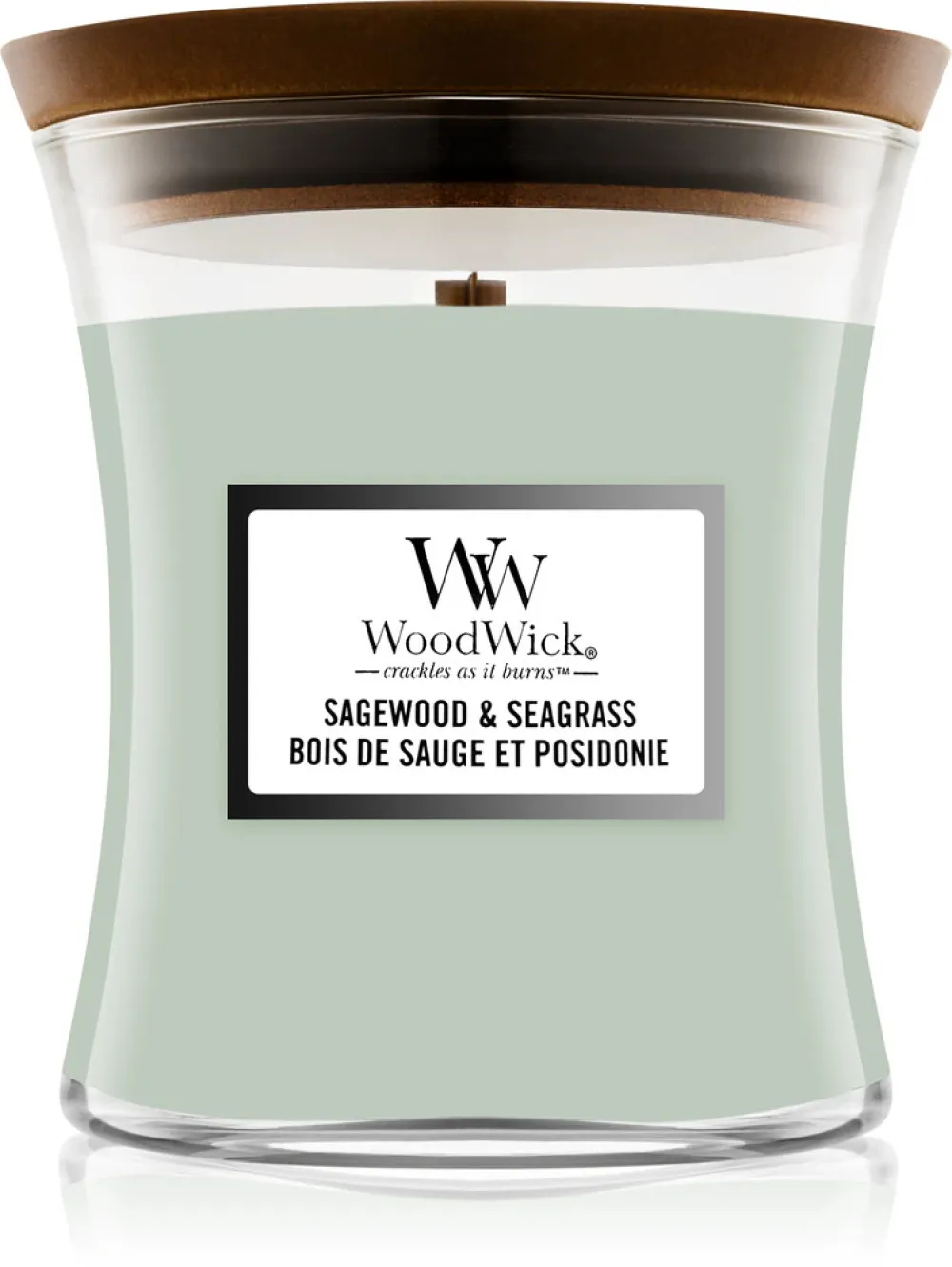Bougie parfumée WoodWick Sagewood & Seagrass avec mèche en bois 275 g