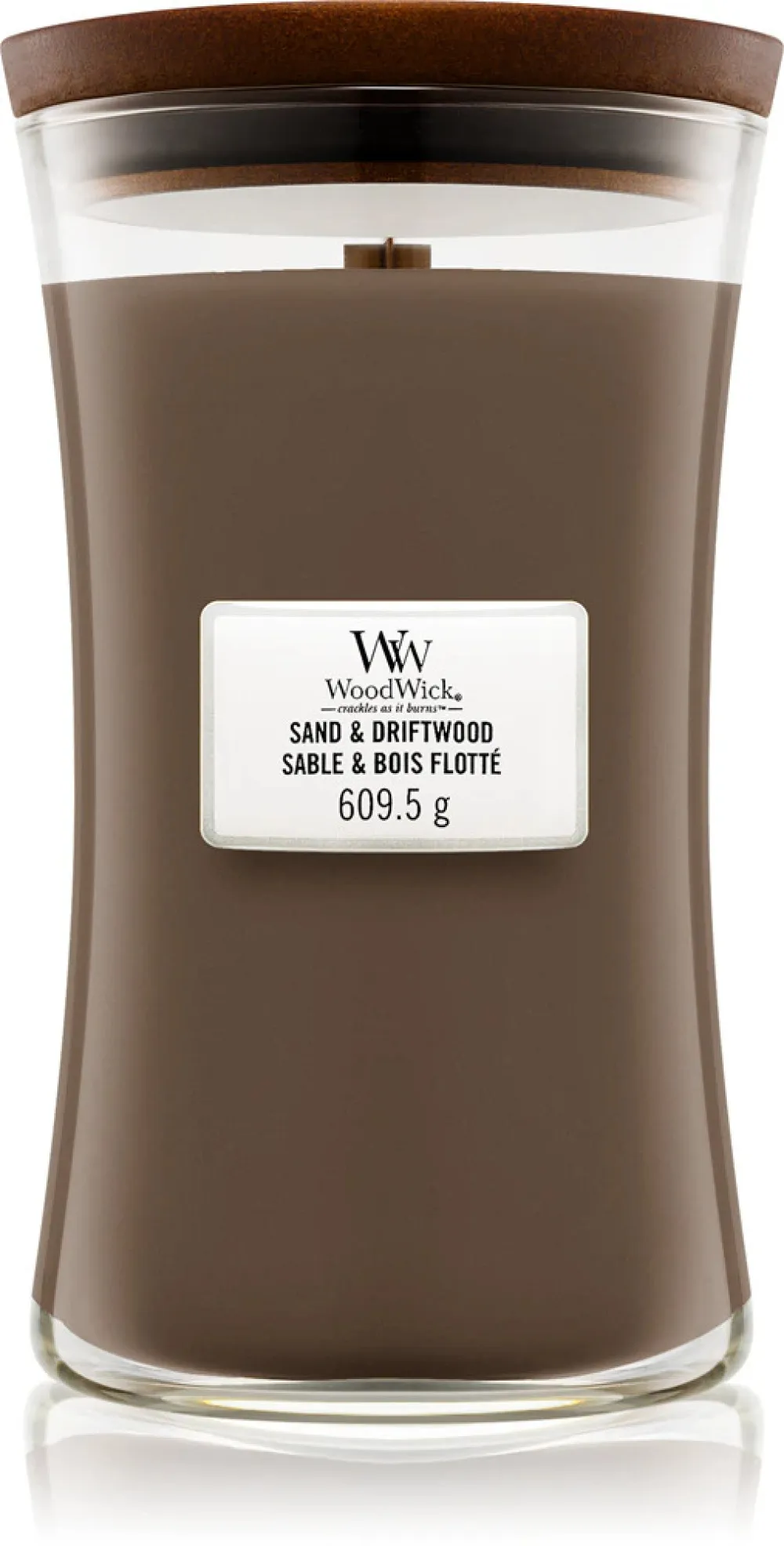 Bougie parfumée WoodWick Sand & Driftwood avec mèche en bois 275 g