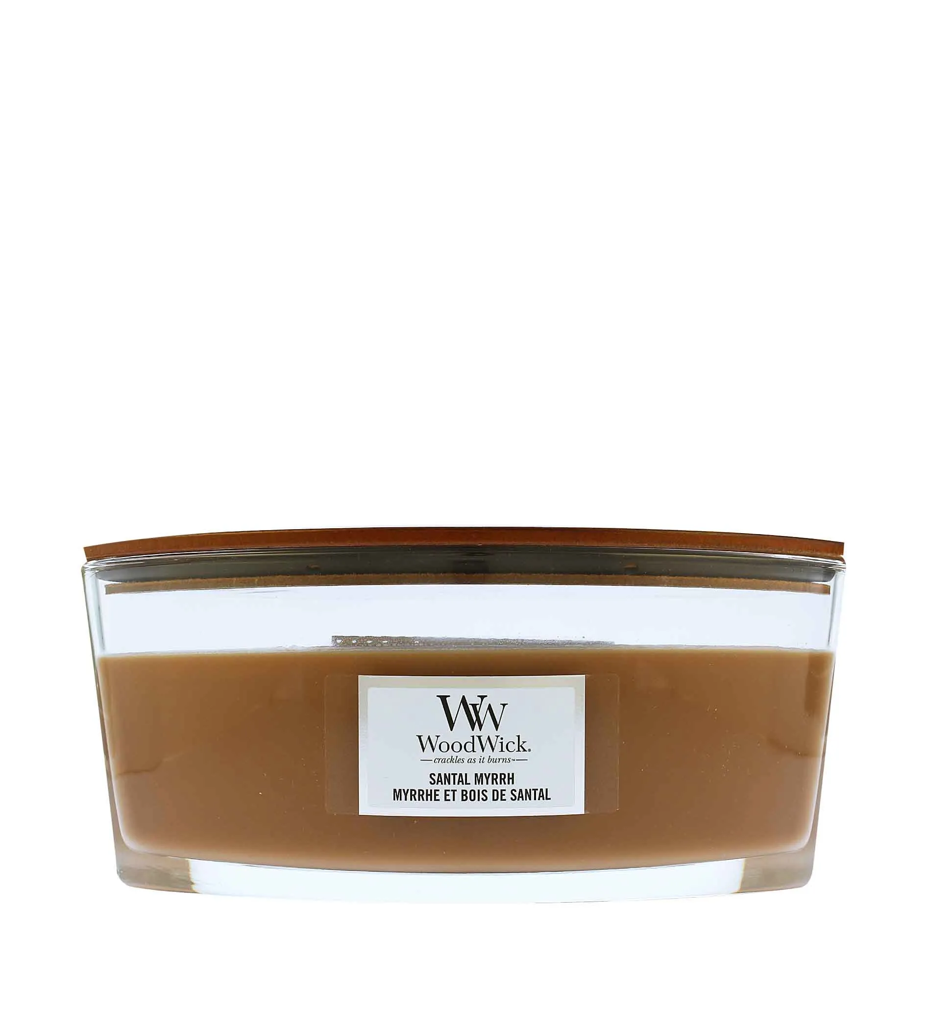 Bougie parfumée WoodWick Santal Myrrh avec mèche en bois pour homme