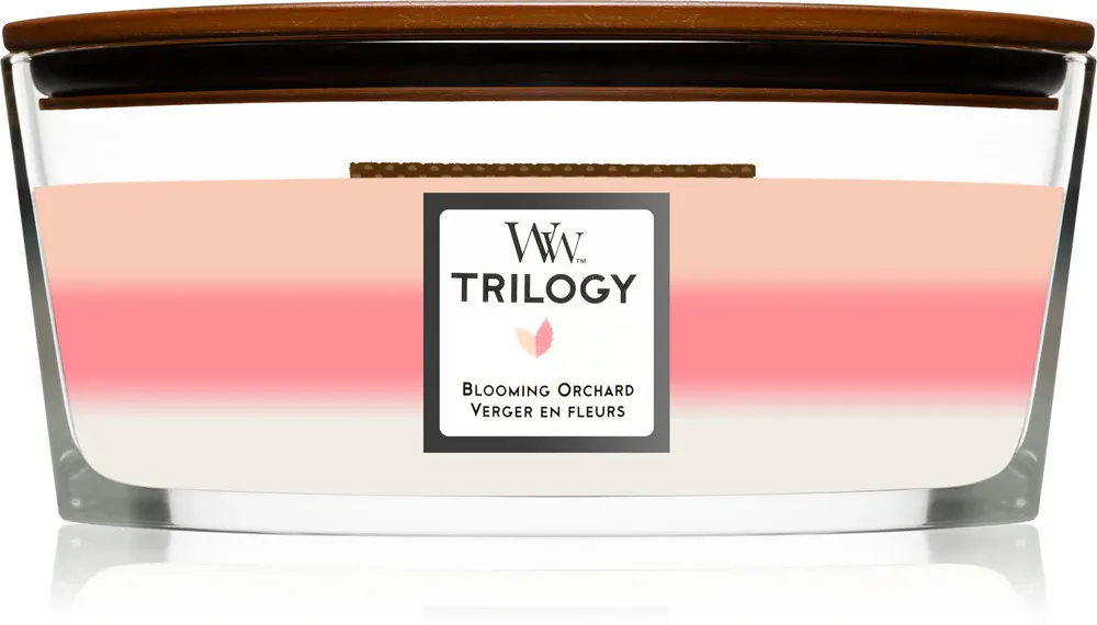 Bougie parfumée WoodWick Trilogy Blooming Orchard avec mèche en bois 453,6 g