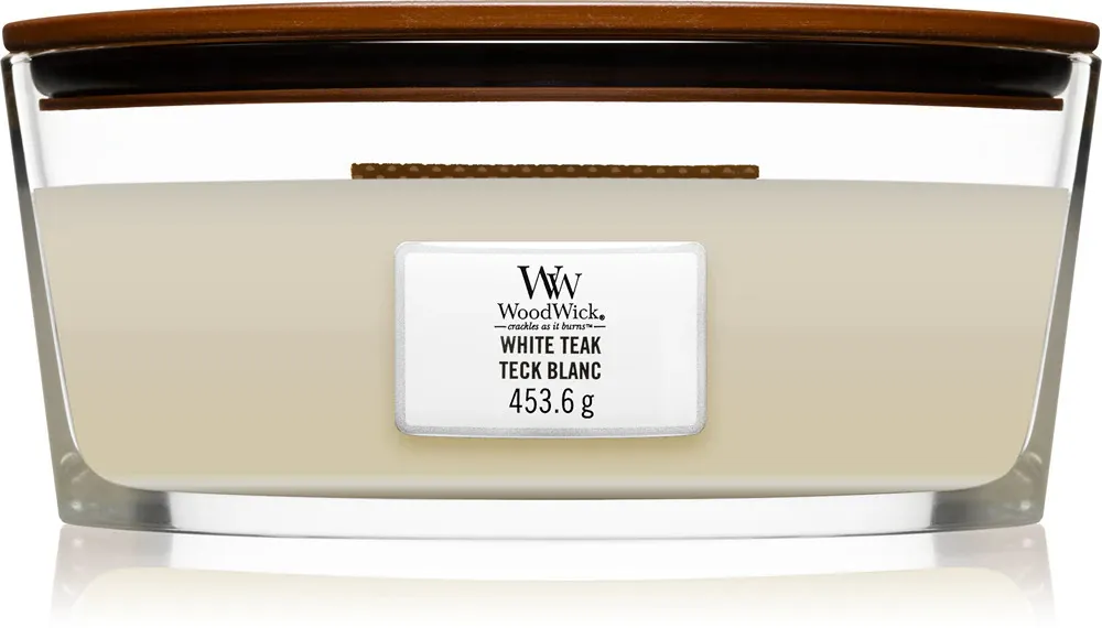 Bougie parfumée WoodWick White Teak avec mèche en bois 453,6 g